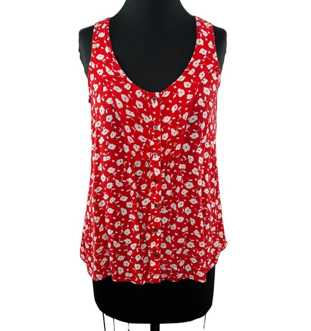 Anthropologie MAEVE Red White Ditsy Floral Button-Up Sleeveless Top Tank 2 XS